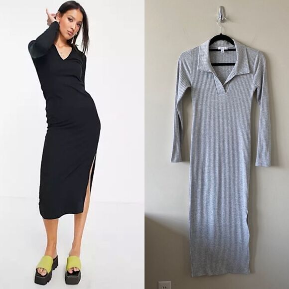 Topshop-Collar Ribbed Jersey Midi Side Slit Grey Dress (Size:4) - Picture 1 of 10